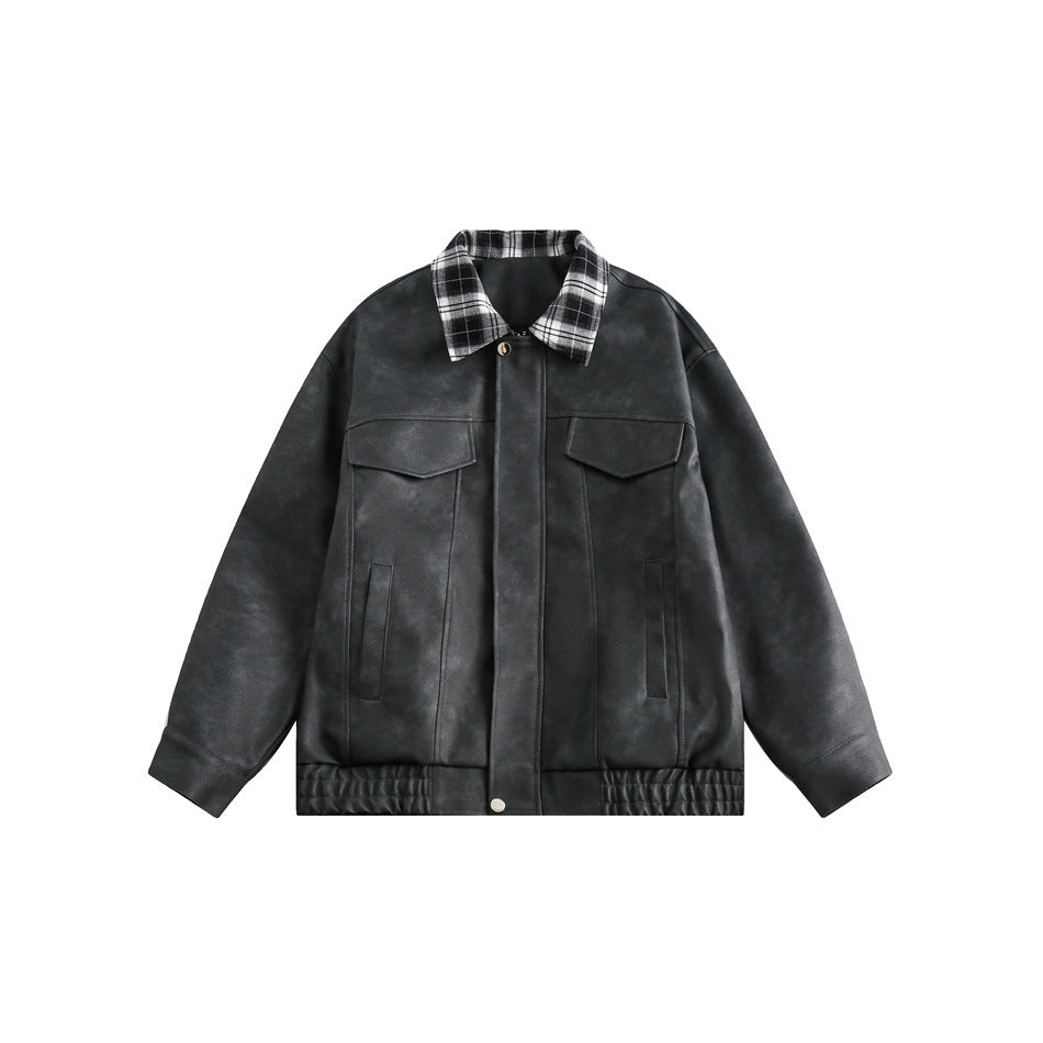 Herren Boxy Kunstleder‑Blouson mit kariertem Umlegekragen und Pattentaschen Drune