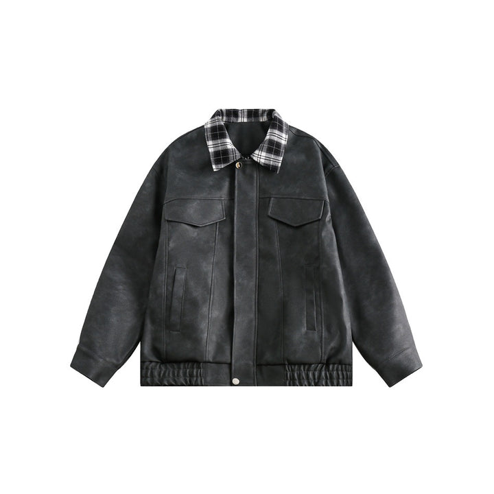 Herren Boxy Kunstleder‑Blouson mit kariertem Umlegekragen und Pattentaschen Drune
