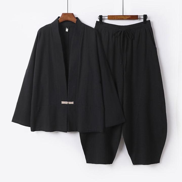 Herren Kimono-Loungewear-Set mit kurzem Schalkragen und weiten Harem-Bundhosen Drune
