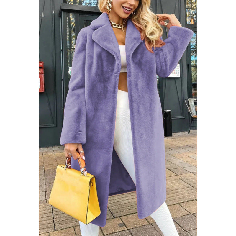 Damen Langer Fleece-Mantel mit elegantem Kragen und schlanker Silhouette Drune