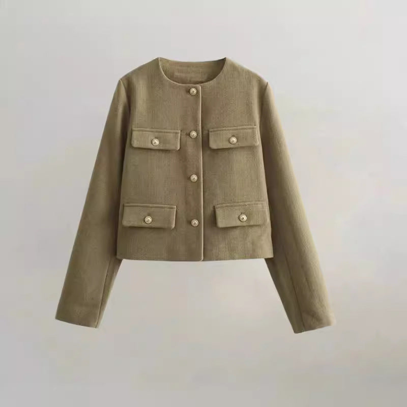 Damen kurzärmlige Utility-Jacke mit aufgesetzten Taschen und dekorativen Knöpfen Drune