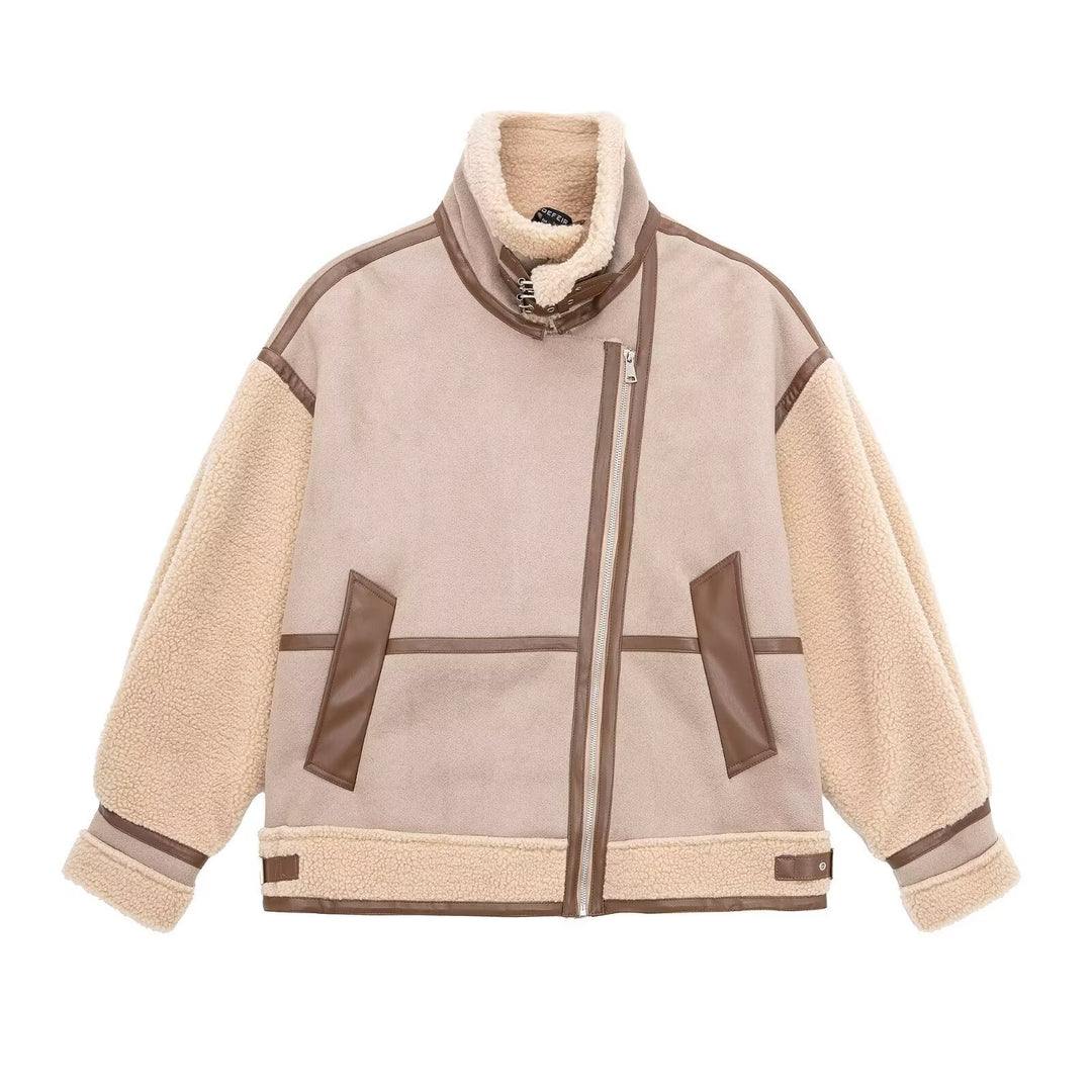 Damen Oversized Fliegerjacke mit Teddyfutter, asymmetrischem Reißverschluss und Kunstlederdetails Drune