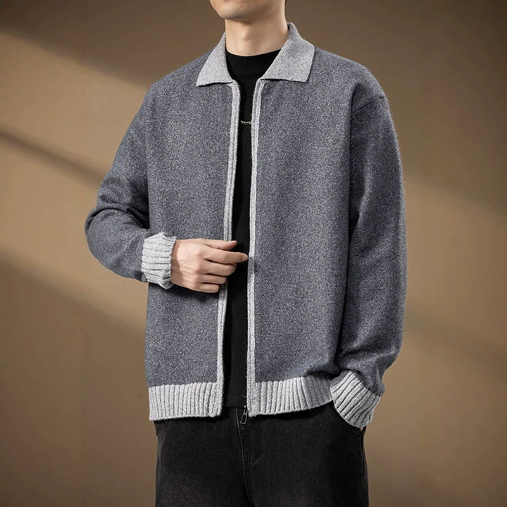 Herren Strickjacke mit durchgehendem Reißverschluss und kontrastgeripptem Saum Drune