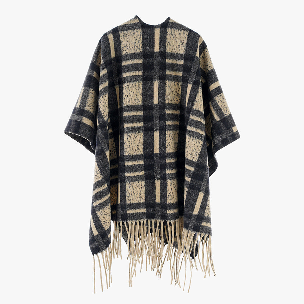Damen Kariertes Wollmix-Poncho‑Cape mit Fransensaum und offenem Oversize‑Fall Drune