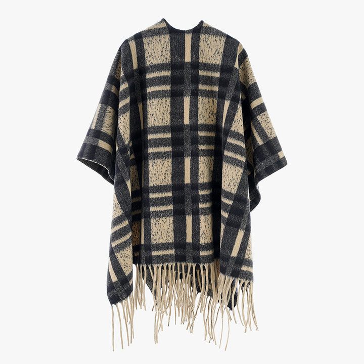 Damen Kariertes Wollmix-Poncho‑Cape mit Fransensaum und offenem Oversize‑Fall Drune