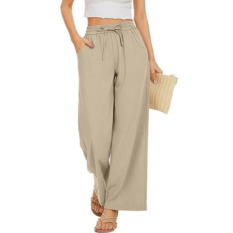 Damen Weite Leinenhose mit hohem elastischem Bund, Kordelzug und Eingrifftaschen Drune