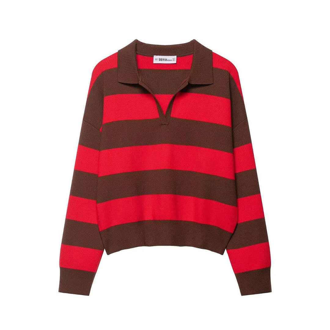 Damen nan gestreifter Rugby-Pullover mit Polokragen, V‑Ausschnitt und verlängerten Rippbündchen Drune