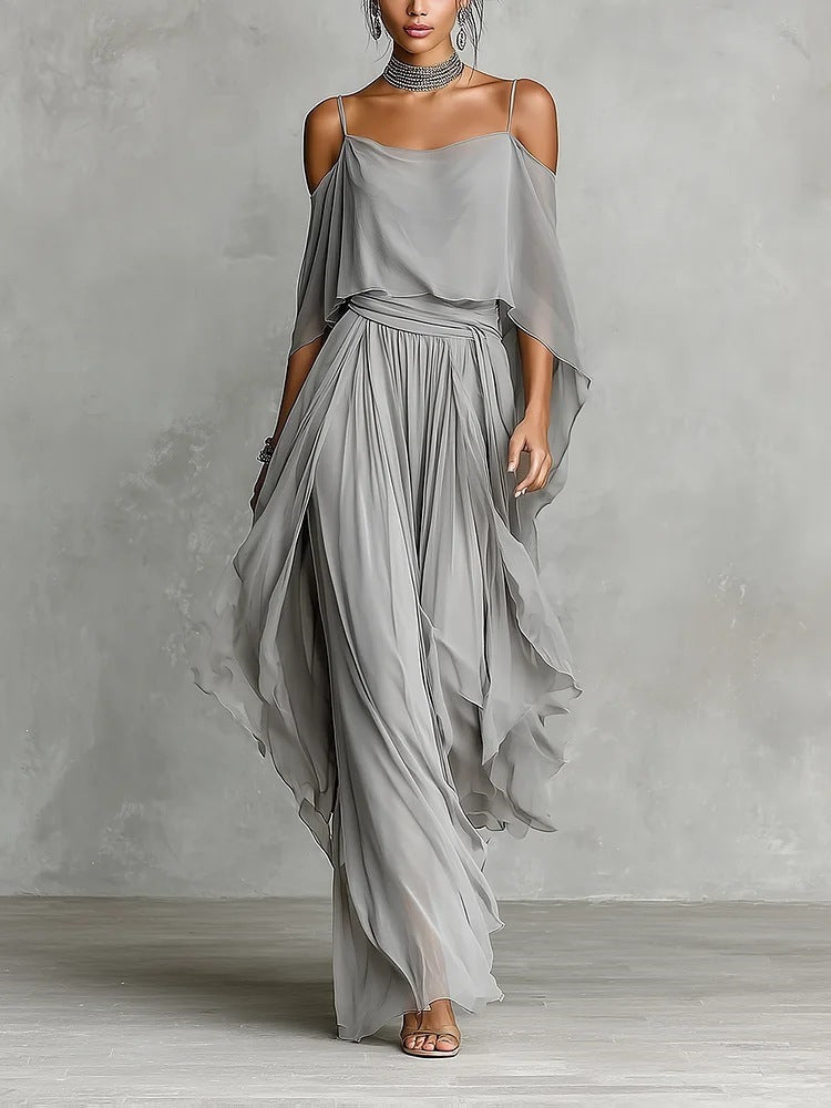 Damen Lange Chiffon Maxi Kleid mit Kaltem Schulter, Spaghetti-Träger und Geschichtetem Cape Drune