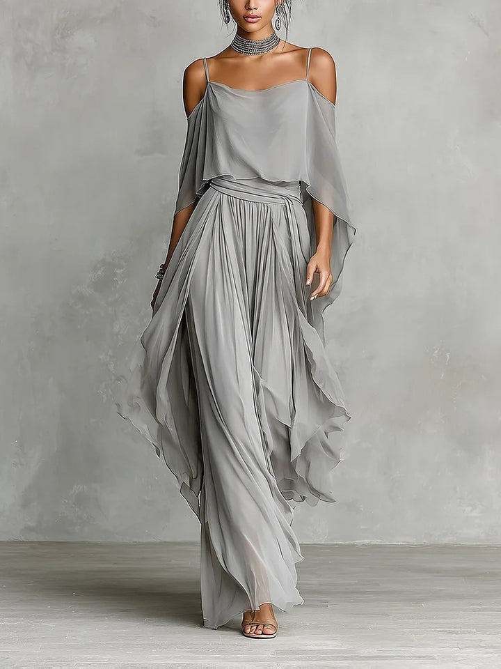 Damen Lange Chiffon Maxi Kleid mit Kaltem Schulter, Spaghetti-Träger und Geschichtetem Cape Drune