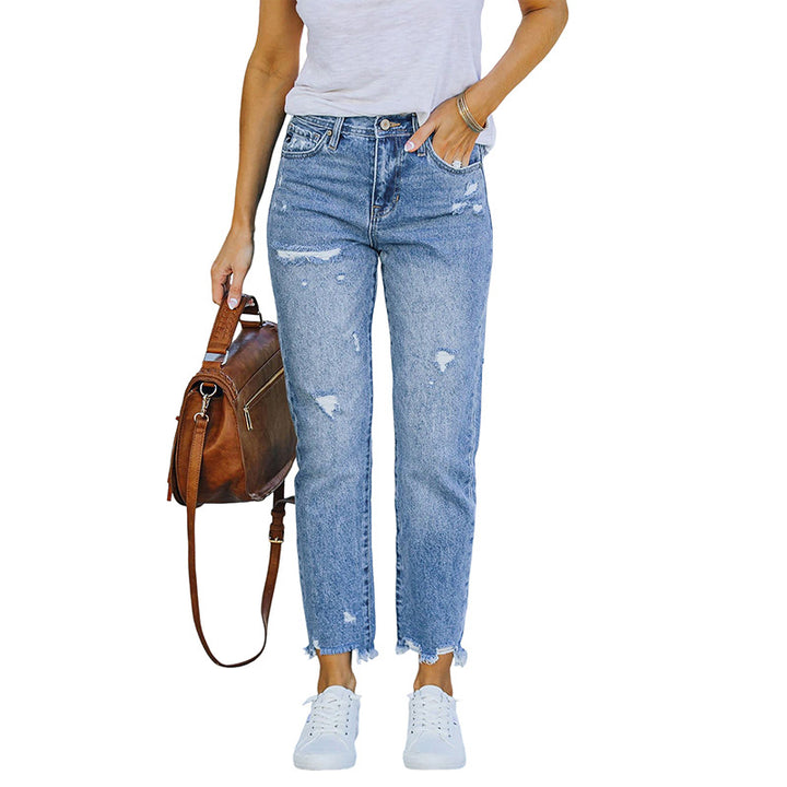 Damen High-Waist Jeans mit geradem Bein, Destroyed-Optik und rohem Saum Drune