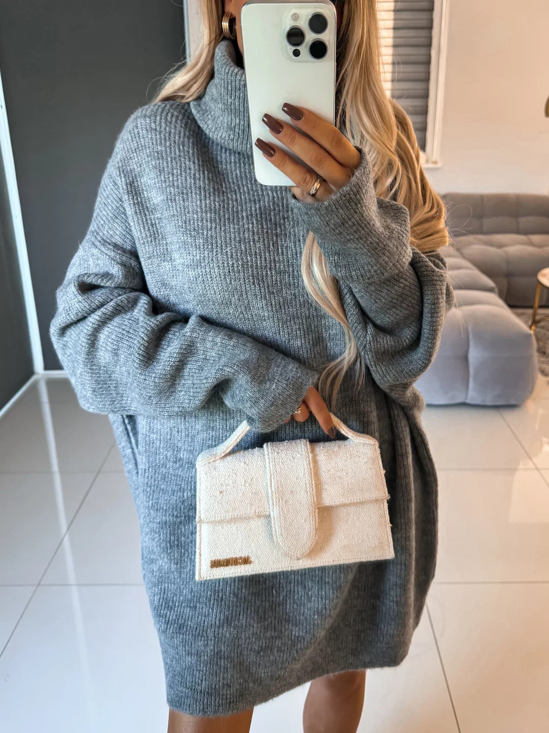 Damen Lässiges Oversized Strick-Minikleid mit hohem Rollkragen und Ballonärmeln Drune
