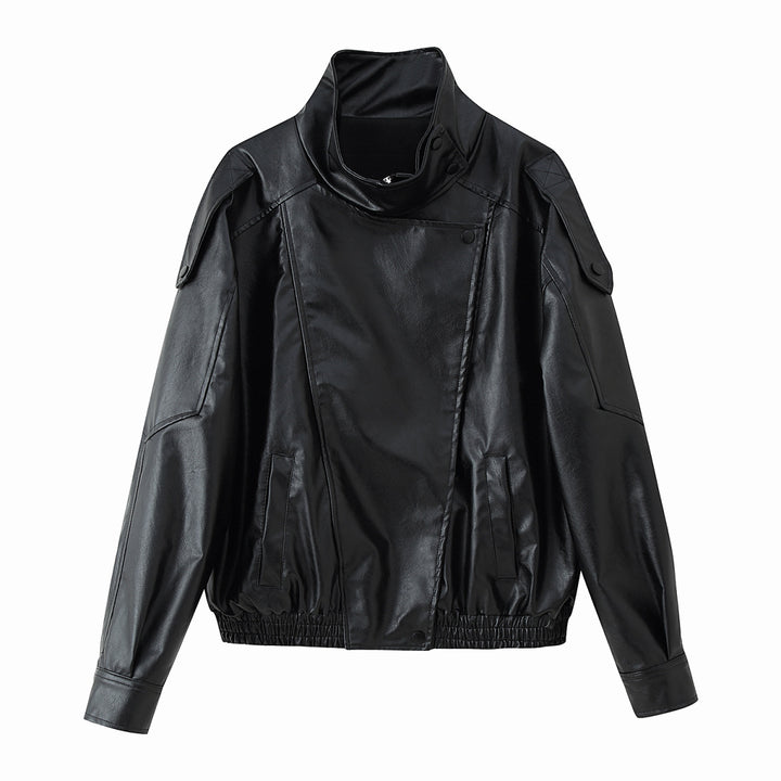 Herren nan lässige Bikerjacke aus Kunstleder mit hohem Stehkragen, Schulterklappen und elastischem Saum Drune
