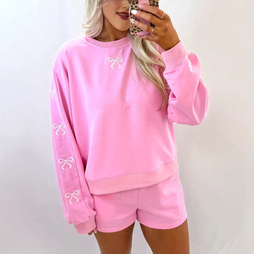 Damen Kuscheliges Sweat-Lounge-Set mit Shorts und bestickten Ballonärmeln Drune