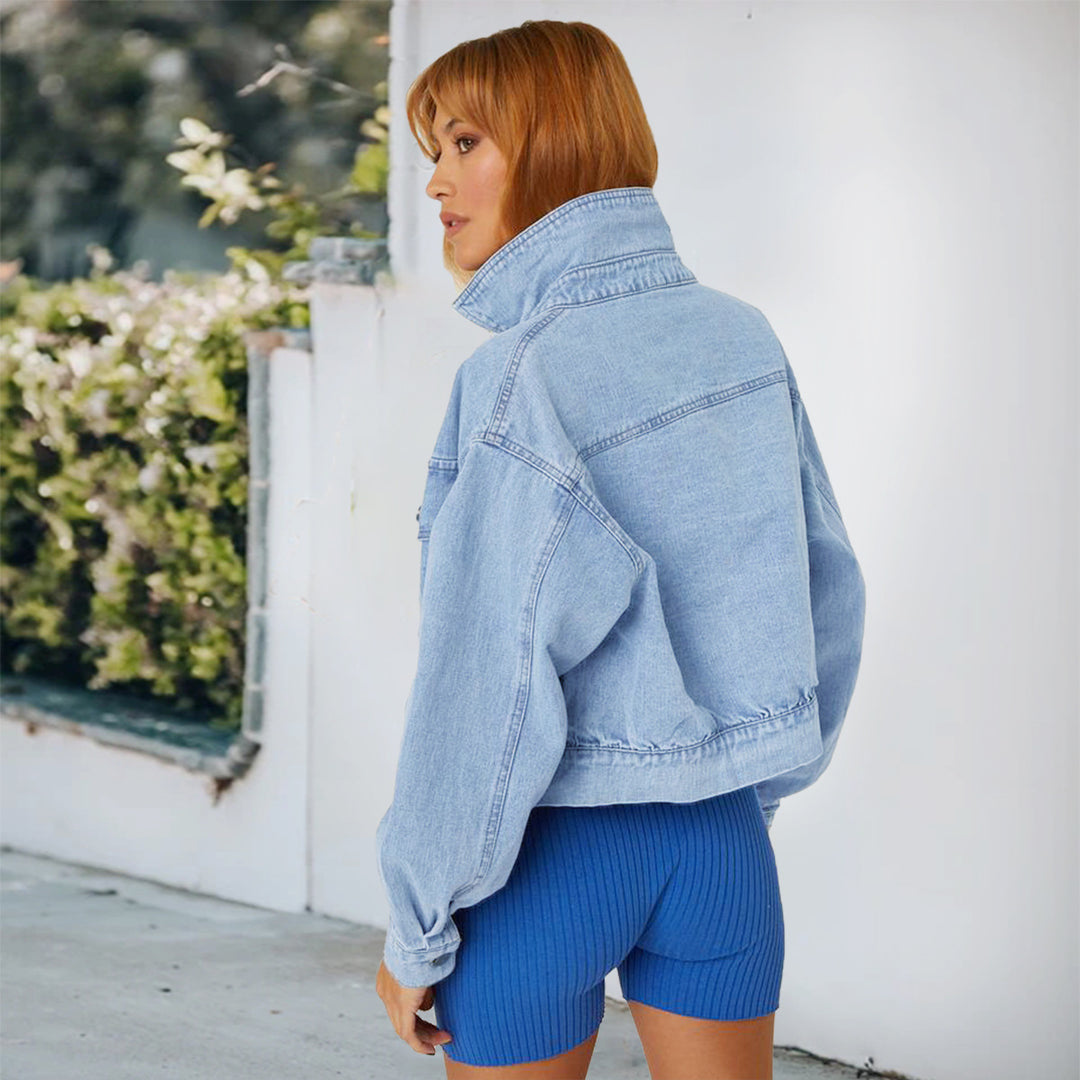 Damen Cropped Oversize-Denimjacke mit Druckknopf-Front und aufgesetzten Brusttaschen Drune
