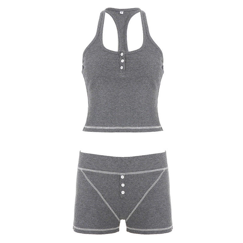 Damen Sportliches Top und Shorts-Set mit Knopfdetails Drune
