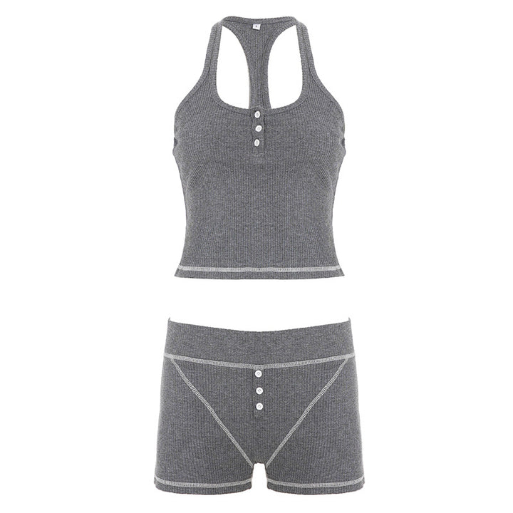 Damen Sportliches Top und Shorts-Set mit Knopfdetails Drune