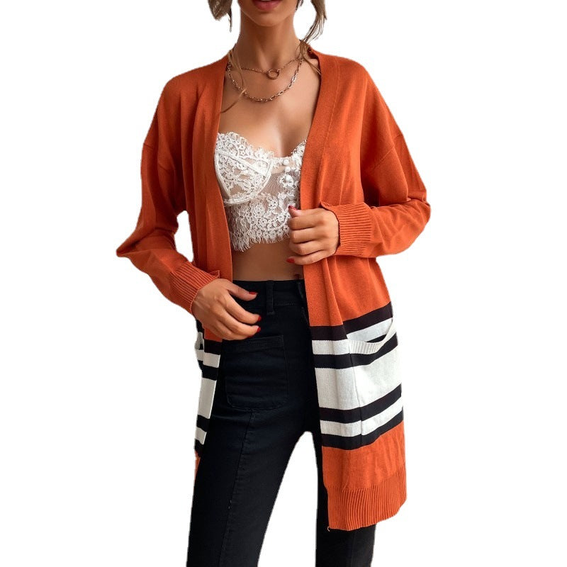 Damen Midilanger offener Feinstrick-Cardigan mit Colorblock-Streifen und aufgesetzten Taschen Drune