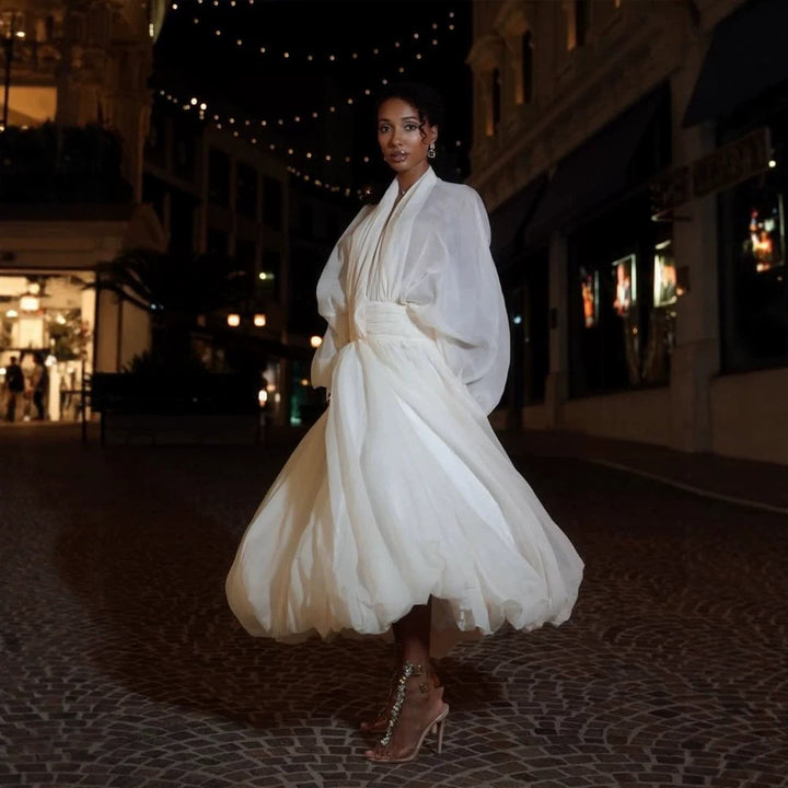 Damen Luftiges Plissiertes Maxikleid mit Ballon‑Saum, V‑Ausschnitt und Schalkragen Drune