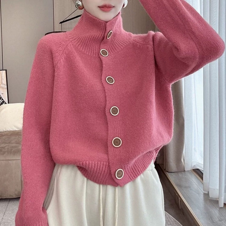 Damen kuscheliger Hochkragen-Cardigan mit Knopfdetails Drune