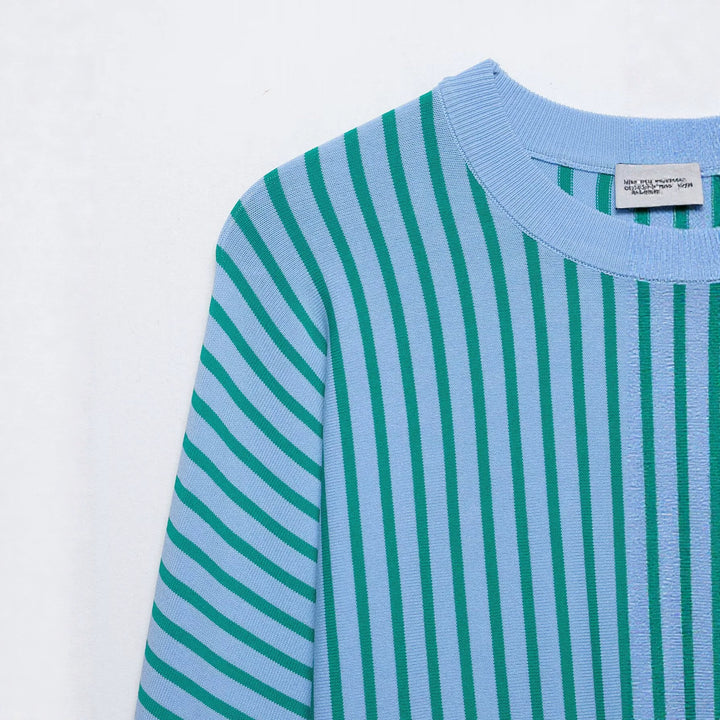 Damen Leichter Rundhals-Feinstrickpullover mit schmalen Längs- und Diagonalstreifen Drune