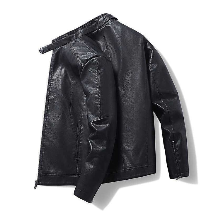 Herren Slim-Fit Lederoptik-Blouson mit Stehkragen, verdecktem Reißverschluss und Seitentaschen Drune