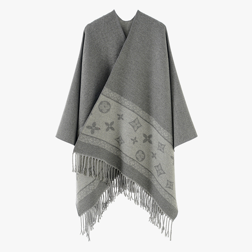 Damen Fransen-Capeponcho im Jacquard-Wollmix mit asymmetrischem Zipfelsaum Drune