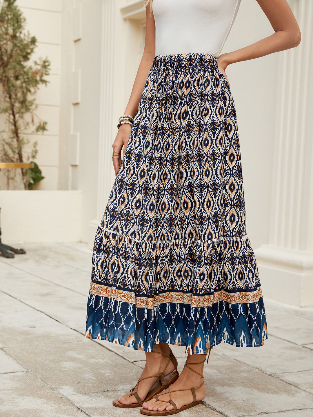 Damen Boho Maxirock mit voluminösem Saum und elastischem Bund Drune