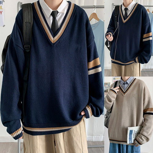 Herren Modischer Grobstrickpullover mit V-Ausschnitt und Streifen Drune