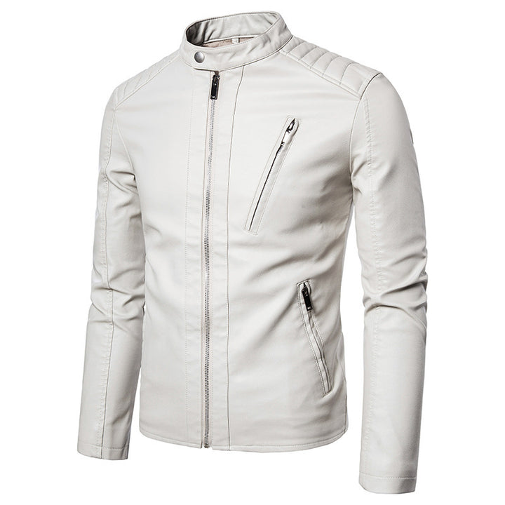 Herren Slim-Fit Kunstleder-Motorradblouson mit gesteppter Schulterpartie und hochgeschlossenem Stehkragen Drune
