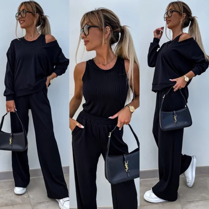 Damen lässiges Rippsweat-Lounge-Set mit Off-Shoulder-Sweatshirt und weit geschnittener High-Waist-Hose Drune
