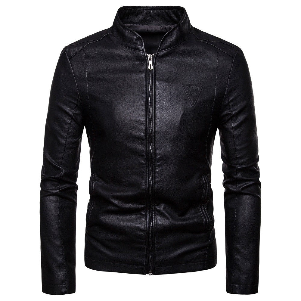 Herren Slim-Fit Kunstlederjacke im Bikerstil mit Stehkragen und Frontreißverschluss Drune