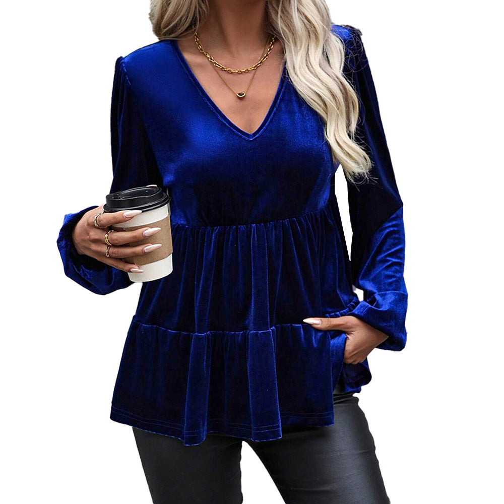 Damen samtiges Volant‑Peplum‑Top mit V‑Ausschnitt, geraffter Taille und langen Ballonärmeln Drune