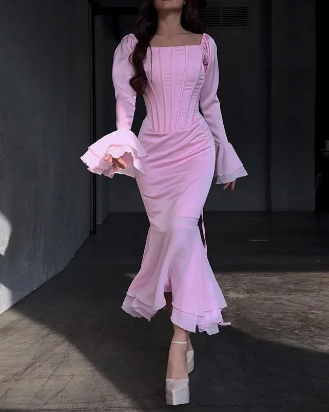 Damen Maxikleid mit schwingendem Rock und voluminösen Ärmeln Drune