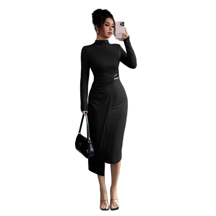 Damen nan figurbetontes Midikleid mit Stehkragen, Taillenraffung und asymmetrischem Saum Drune