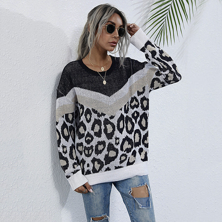 Damen Oversize Strickpullover mit Leopardenjacquard und kontrastierender V‑Blende Drune