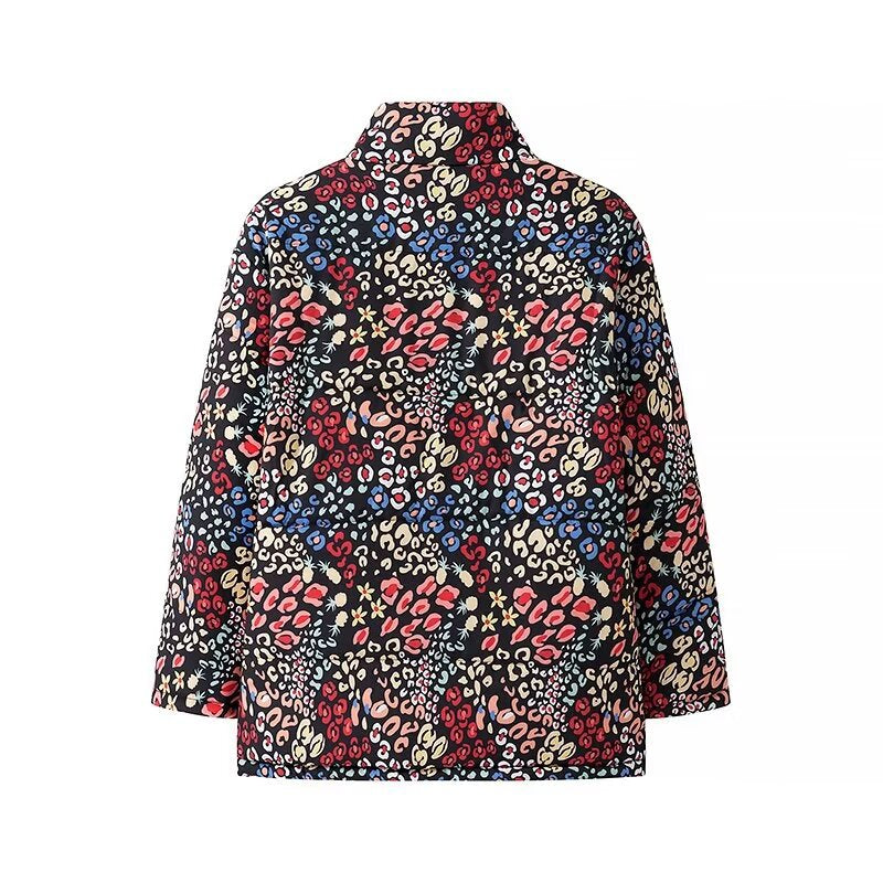 Damen nan gemusterte kastige Kurzjacke mit Stehkragen, verdeckter Knopfleiste und 3/4-Ärmeln Drune