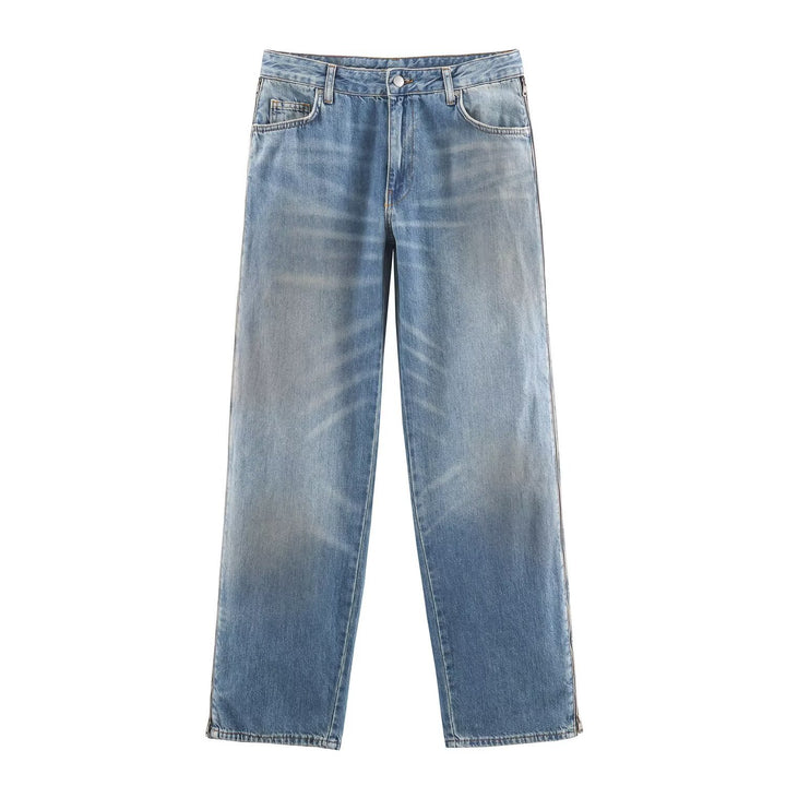 Damen Weite High‑Waist Jeans mit geradem Bein und Vintage-Wash Drune