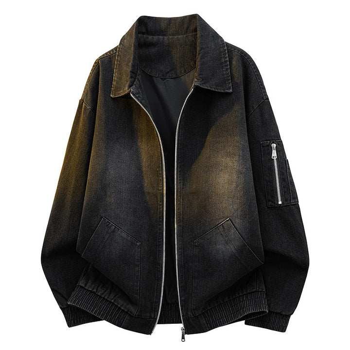 Herren Oversize Jeans‑Bomberjacke mit Used‑Waschung und Reißverschluss‑Ärmeltasche Drune