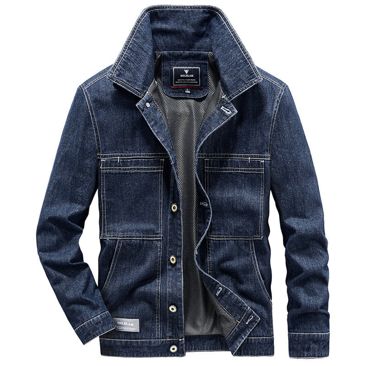 Herren Jeansjacke im Worker‑Stil mit Netzfutter und markanten Kontrastnähten Drune