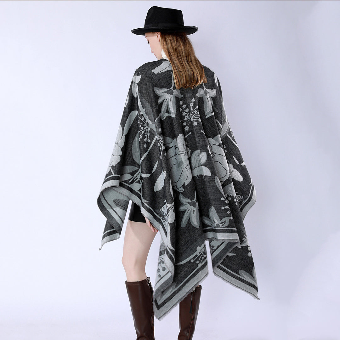 Damen Floraler Jacquard-Überwurf im kastigen Kimono-Fall mit feiner Fransenkante Drune
