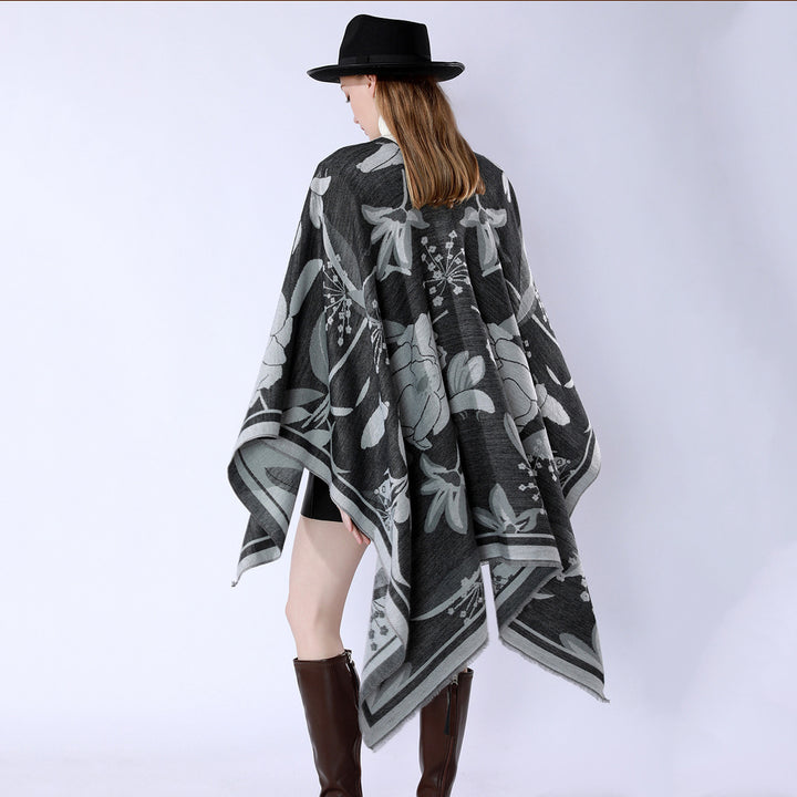 Damen Floraler Jacquard-Überwurf im kastigen Kimono-Fall mit feiner Fransenkante Drune