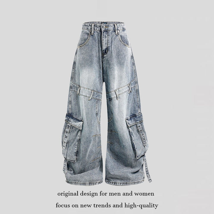 Damen weite Denim-Cargo-Culottehose mit hoher Taille und Multifunktionstaschen Drune