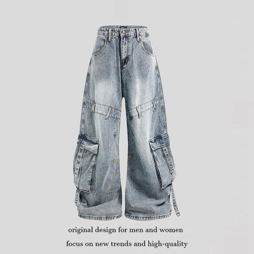 Damen weite Denim-Cargo-Culottehose mit hoher Taille und Multifunktionstaschen Drune