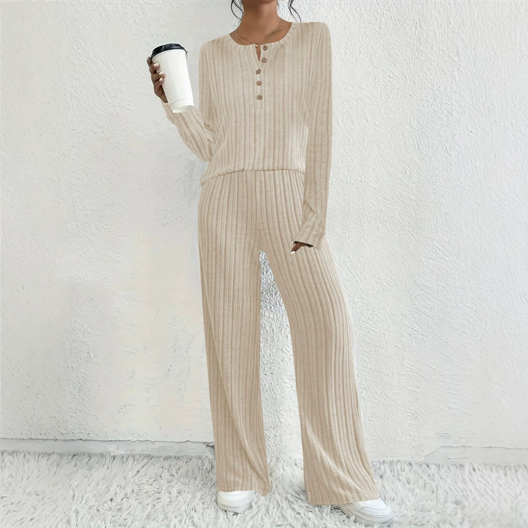 Damen Gerippter Komfort-Zweiteiler mit Henley-Oberteil und weiter Palazzo-Strickhose Drune
