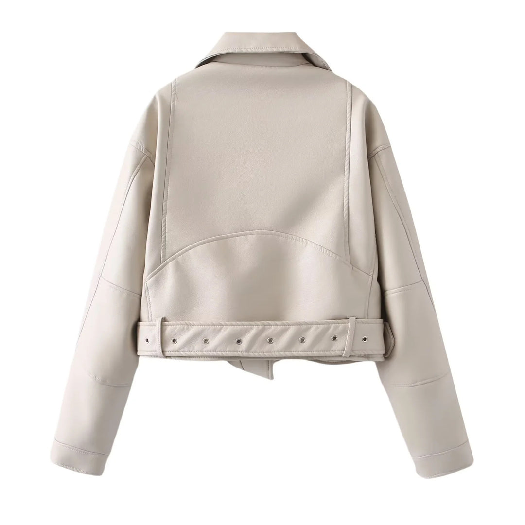 Damen nan kurzer Bikerjacke aus veganem Lederimitat mit asymmetrischem Reißverschluss, Taillengürtel und Schulterklappen Drune