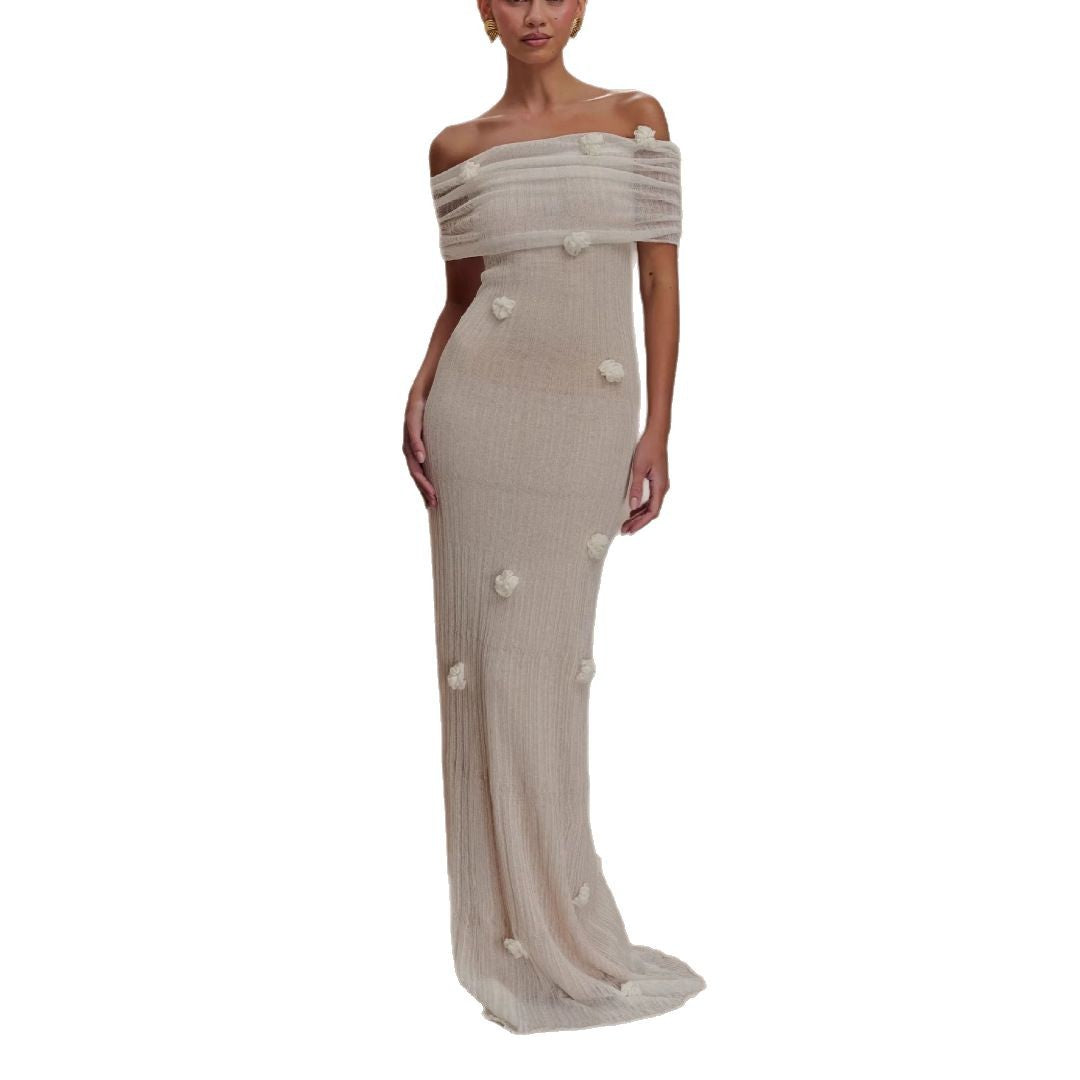 Damen Elegantes Maxikleid mit Off-Shoulder-Design und zarten 3D-Blütenapplikationen Drune