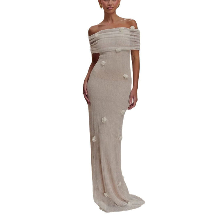 Damen Elegantes Maxikleid mit Off-Shoulder-Design und zarten 3D-Blütenapplikationen Drune