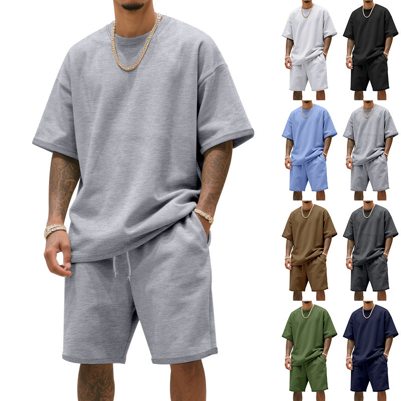 Herren nan entspannter Jersey-Set mit verlängertem Rundhals-T-Shirt und elastischen Kordelzug-Shorts Drune