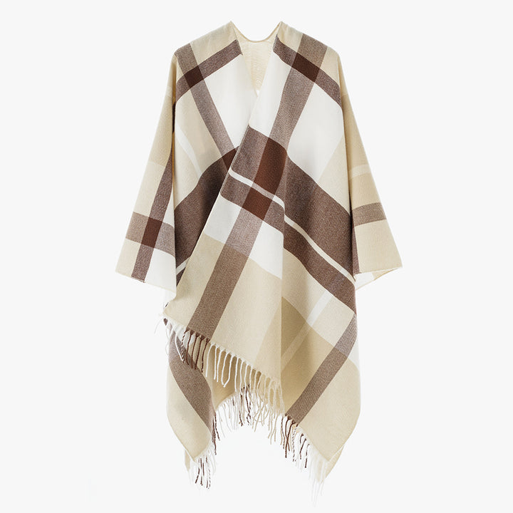 Damen Oversize-Karoponcho aus weichem Wollmix mit Fransensaum Drune