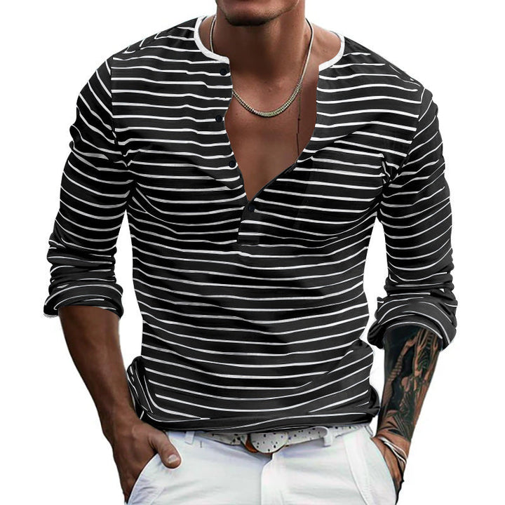 Herren Langarm-Henley-Shirt mit modischen Streifen und praktischen Knöpfen Drune